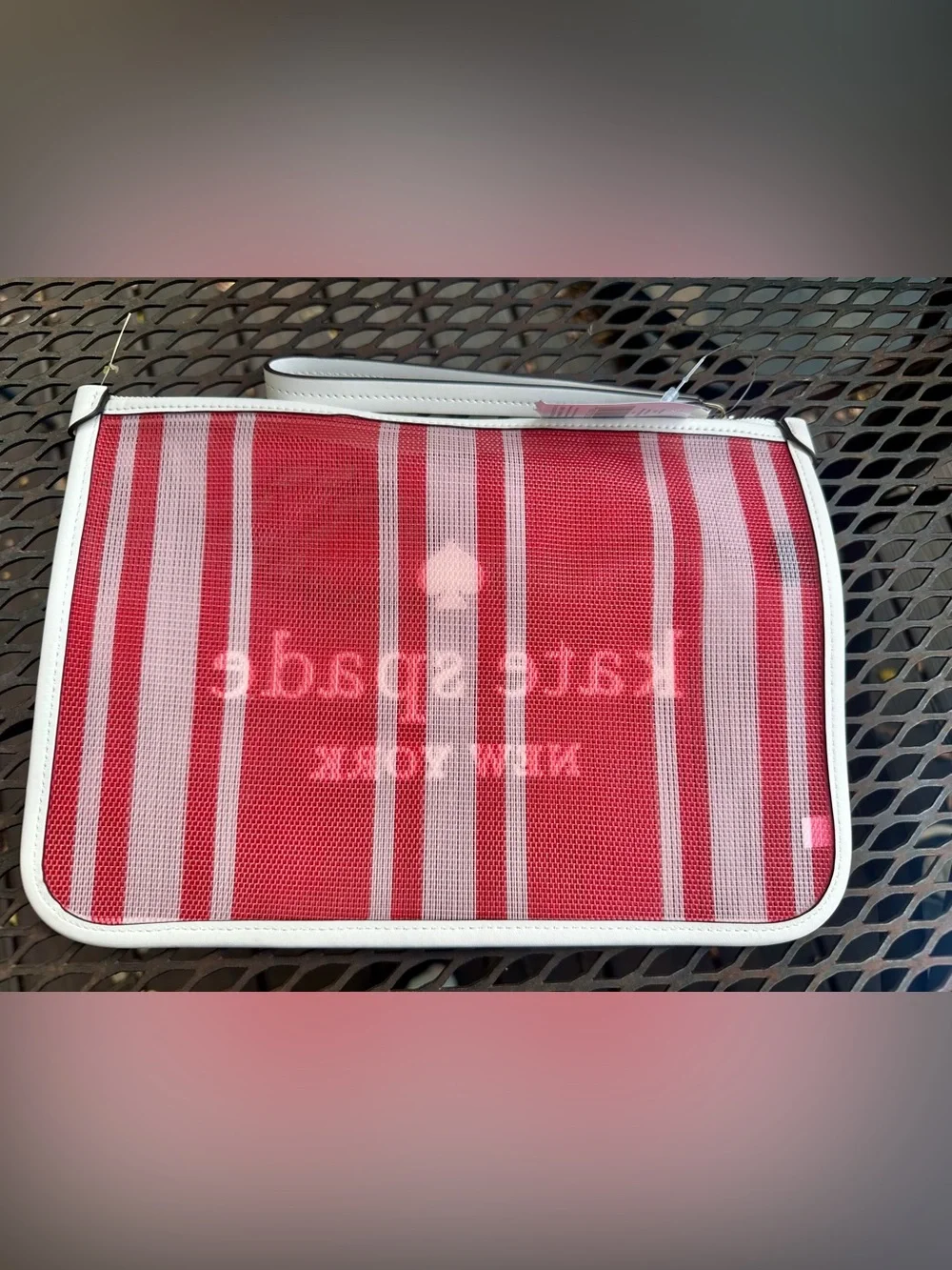 Kate Spade New York Red & White Striped Mesh Wristlet Clutch NWT